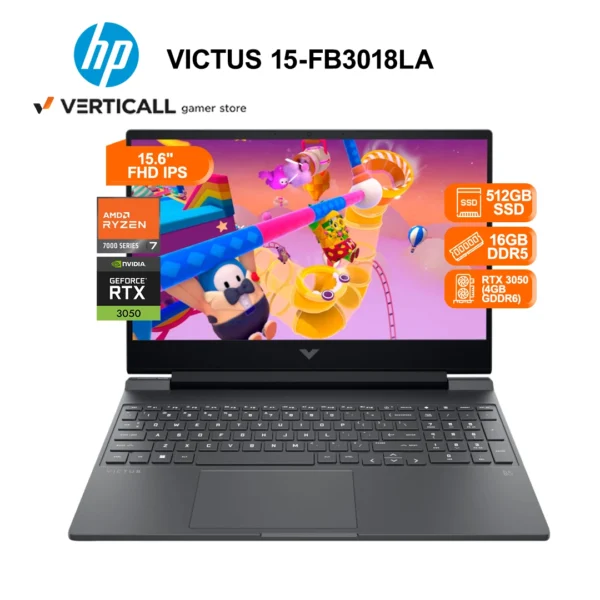 LAPTOP HP VICTUS 15-FB3018LA, AMD Ryzen™ 7-7445HS, 16GB DDR5, 512GB SSD, RTX™ 3050 6GB, 15.6” FHD IPS 144Hz, WIN 11 HOME, TECLADO LATINO