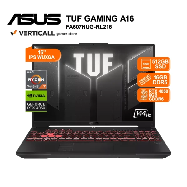 LAPTOP ASUS TUF Gaming A16 FA607NUG-RL216, Ryzen 7 7445HS, RTX 4050 6GB GDDR6, 16GB DDR5, 512GB SSD, 16” WUXGA 144Hz, Win 11, Teclado Español RGB, Sin Mochila ni Mouse TUF