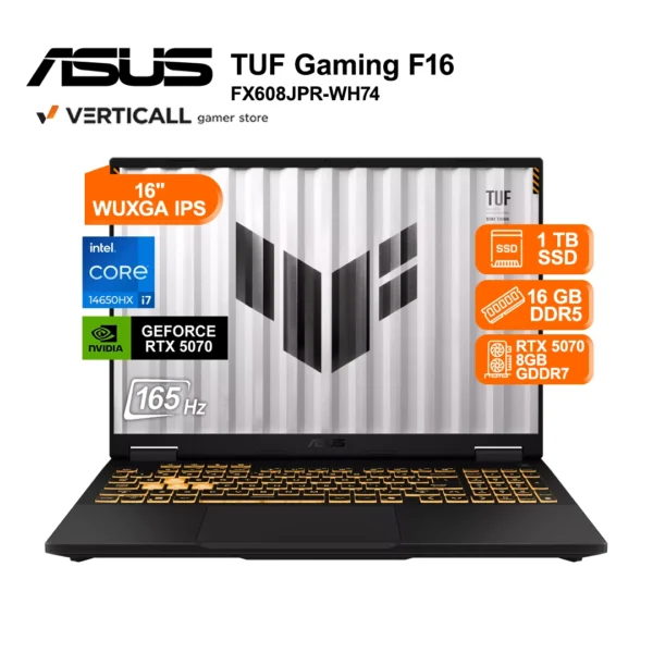 LAPTOP GAMER ASUS TUF GAMING F16 FX608JPR-WH74 INTEL CORE I7-14650HX, 16GB DDR5, 1TB SSD, T VIDEO RTX 5070 8GB, 16″ WUXGA IPS 165Hz, WINDOWS 11, TECLADO INGLÉS