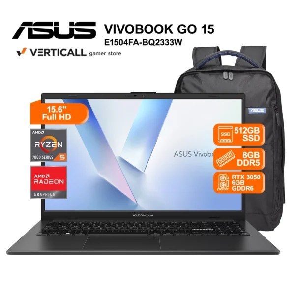 LAPTOP ASUS VIVOBOOK GO 15 E1504FA-BQ2333W AMD RYZEN 5-7520U, 8GB RAM, 512GB SSD, 15.6" FHD 60HZ, WIN 11 HOME, ESPAÑOL + MOCHILA