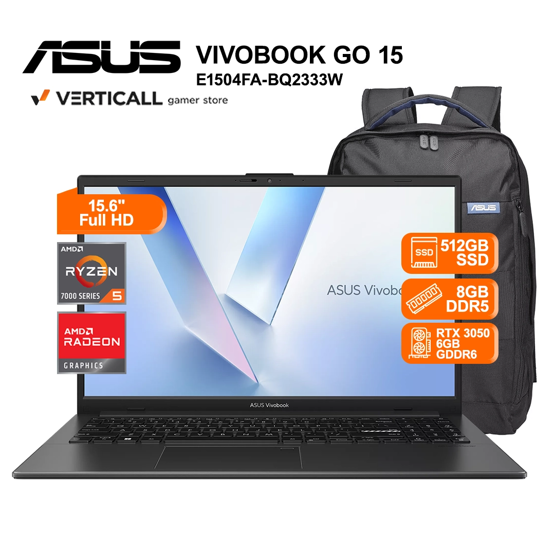 asus vivobook go 15 e1504fa-bq2333w amd ryzen 5-7520u, 8gb ram, 512gb ssd, 15.6''fhd 60hz, win 11 home con mochila PORTADA