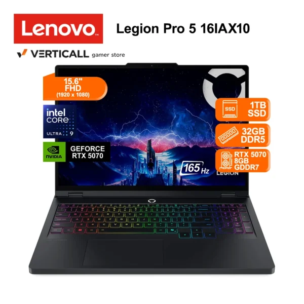 LAPTOP GAMER LENOVO LEGION PRO 5 16IAX10 INTEL CORE ULTRA 9 275HX, 32GB RAM DDR5, 1TB SSD, RTX 5070 8GB, 16" WQXGA IPS 165HZ, WINDOWS 11, ONYX GREY