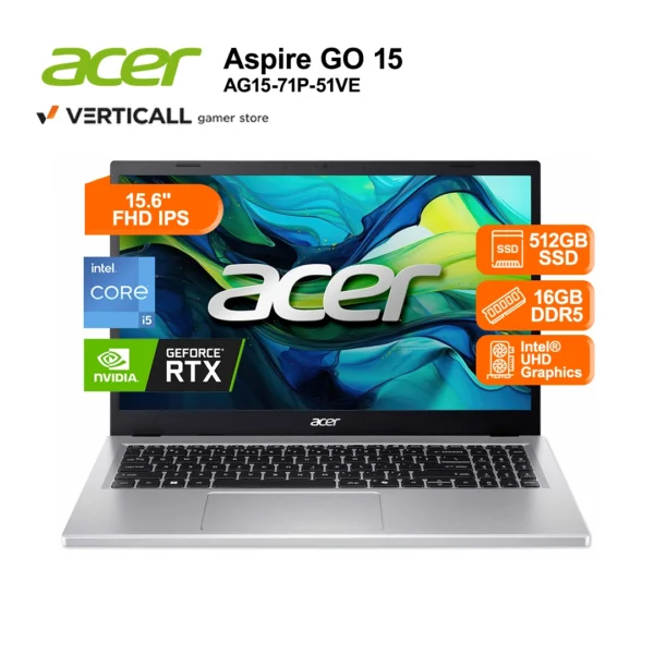 LAPTOP ACER ASPIRE GO 15 AG15-71P-51VE, Intel® Core™ i5-13420H, 16GB DDR5, 512GB SSD PCIe NVMe, Intel® UHD Graphics, 15.6” Full HD IPS, Windows 11 Home, Teclado Español Latino, Ideal para Estudio, Oficina y Multitarea en Tacna