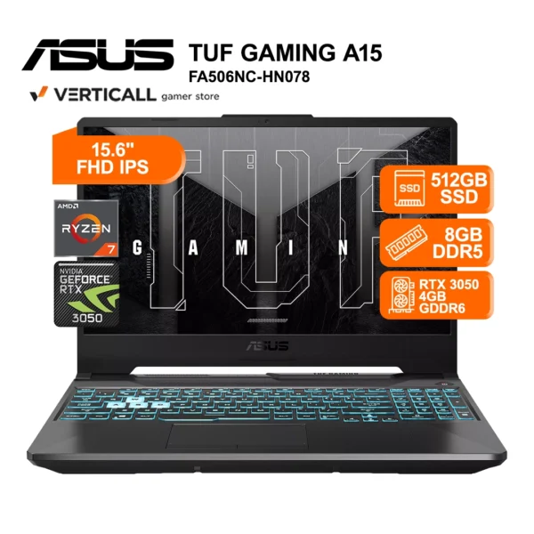 LAPTOP ASUS TUF GAMING A15 FA506NC-HN078 AMD RYZEN 7 170 8GB DDR5 512GB SSD NVIDIA GEFORCE RTX 3050 4GB 15.6" FHD IPS 144HZ WINDOWS 11 (FA506NC-HN078)