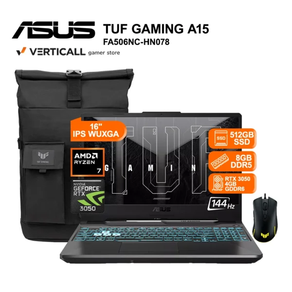 LAPTOP ASUS TUF GAMING A15 FA506NC-HN078 AMD RYZEN 7 170 8GB DDR5 512GB SSD NVIDIA GEFORCE RTX 3050 4GB 15.6" FHD IPS 144HZ WINDOWS 11 + MOCHILA Y MOUSE ASUS TUF GAMING (FA506NC-HN078)