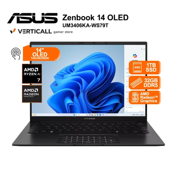 LAPTOP ASUS ZENBOOK UM3406KA-WS79T, AMD Ryzen™ AI 7 350, 32GB LPDDR5X, 1TB SSD, 14” OLED Touch, Windows 11 Home, Ideal para IA, Diseño y Productividad