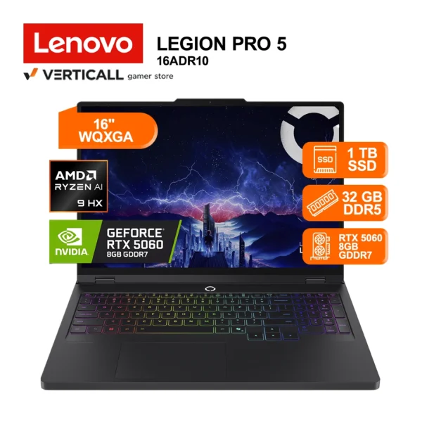 LAPTOP LENOVO LEGION PRO 5 16ADR10 AMD RYZEN 9 8945HX 32GB DDR5 1TB SSD NVIDIA GEFORCE RTX 5060 8GB 16" WQXGA IPS WINDOWS 11 TECLADO ESPAÑOL (16ADR10)