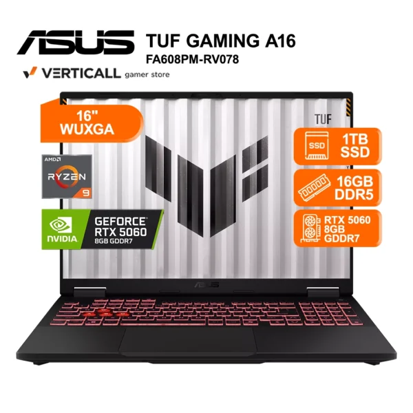 LAPTOP ASUS TUF GAMING A16 FA608PM-RV078 AMD RYZEN 9 8940HX 16GB DDR5 1TB SSD NVIDIA GEFORCE RTX 5060 8GB 16" WUXGA 165HZ WINDOWS 11 (FA608PM-RV078)