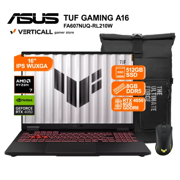LAPTOP ASUS TUF GAMING A16 FA607NUQ-RL210W AMD RYZEN 7 170 8GB RAM 512GB SSD RTX 4050 6GB 16" WUXGA IPS 144HZ WINDOWS 11 HOME + MOCHILA ASUS TUF GAMING (FA607NUQ-RL210W)