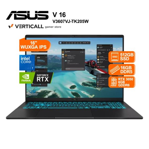 LAPTOP ASUS V16 V3607VJ-TK205W INTEL CORE 7 240H 16GB DDR5 512GB SSD NVIDIA GEFORCE RTX 3050 6GB 16" WUXGA IPS 144HZ WINDOWS 11 HOME (V3607VJ-TK205W)