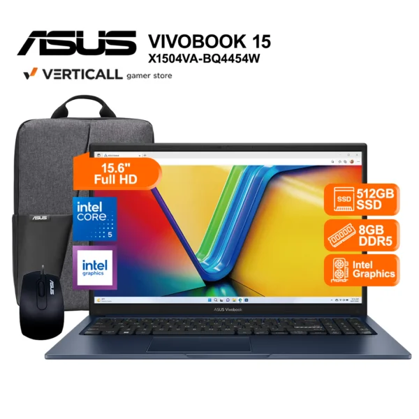 LAPTOP ASUS VIVOBOOK 15 X1504VA-BQ4454W INTEL CORE 5 120U 8GB RAM 512GB SSD INTEL GRAPHICS 15.6" FHD WINDOWS 11 HOME + MOCHILA Y MOUSE ASUS (X1504VA-BQ4454W)