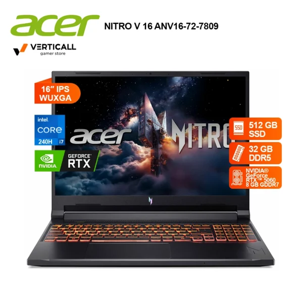 LAPTOP ACER NITRO V 16 INTEL CORE I7-240H 32GB RAM 512GB SSD RTX 5060 8GB 16″ WUXGA IPS 165HZ WINDOWS 11 INGLÉS CONFIGURABLE A ESPAÑOL LATINO (ANV16-72-7809)