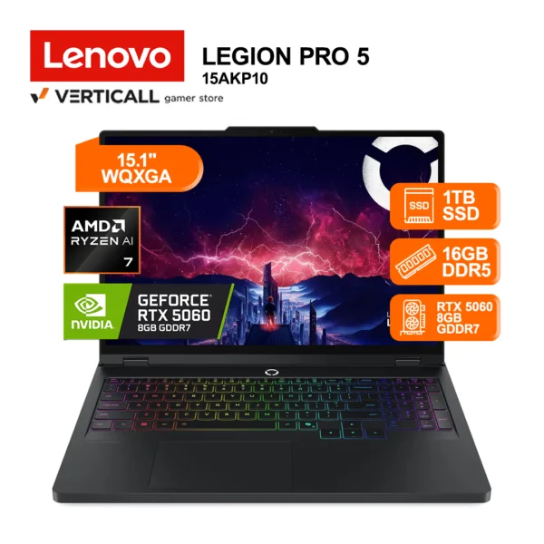 LAPTOP LENOVO LEGION 5 15AKP10 AMD RYZEN™ AI 7 350 16GB RAM 1TB SSD RTX™ 5060 8GB GDDR7 15.1" WQXGA OLED 165HZ (83F1002ULM)