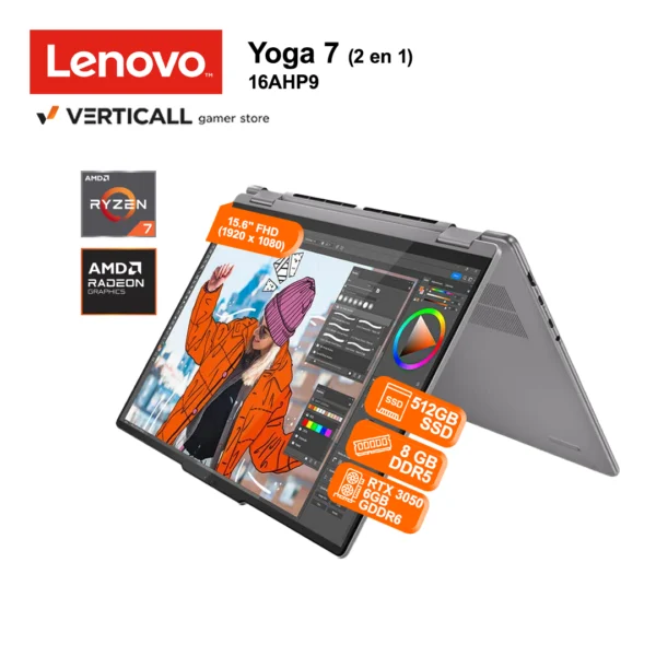 LAPTOP LENOVO YOGA 7 2 EN 1 16AHP9 AMD RYZEN 7 7735HS 16GB RAM 512GB SSD AMD RADEON GRAPHICS 16" WUXGA TÁCTIL WINDOWS 11 TECLADO ESPAÑOL (16AHP9)