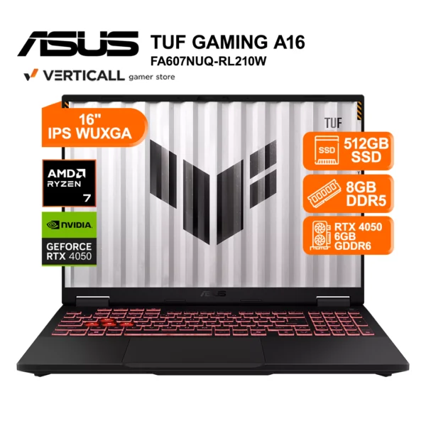 LAPTOP ASUS TUF GAMING A16 FA607NUQ-RL210W AMD RYZEN 7 170 8GB RAM 512GB SSD RTX 4050 6GB 16" WUXGA IPS 144HZ WINDOWS 11 HOME (FA607NUQ-RL210W)