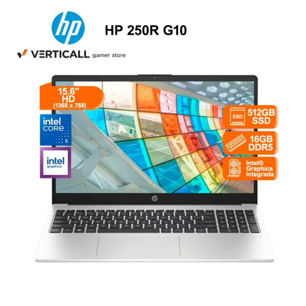 LAPTOP HP 250R G10 INTEL CORE 5 120U 16GB DDR5 RAM 512GB SSD 15.6" HD INTEL GRAPHICS WIN 11 PRE-INSTALADO COLOR PLATEADO (HP 250R G10)